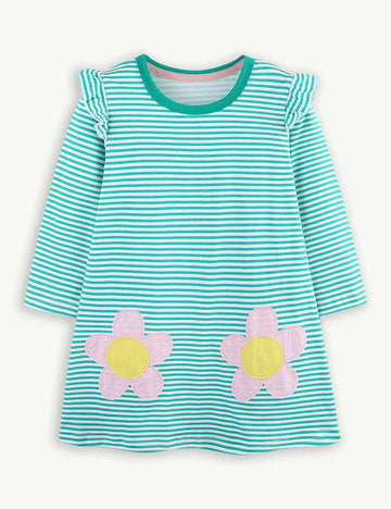 Flower Appliqué Striped Dress